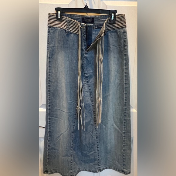 Angels Dresses & Skirts - Y2K Angels Blue boho Denim Maxi Skirt with Tassel Waistband Sz 6